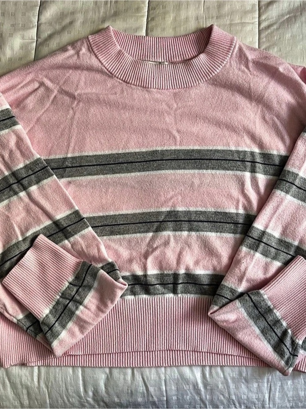 Faded Rose Striped Crewneck Sweater in Pink & Gray Like New